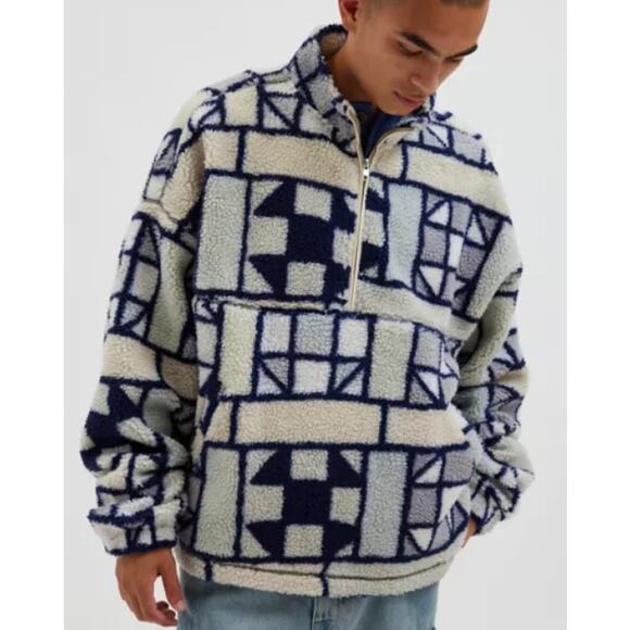 Urban Outfitters BDG Scotty Printed Fleece Half-Zip Mock Neck Sweatshirt Neutral - Picture 1 of 12